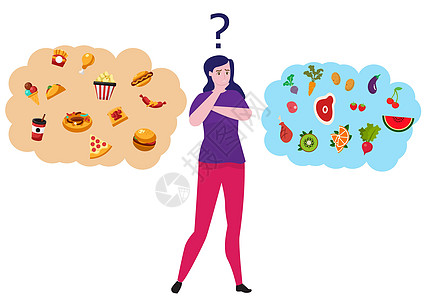 女人在健康和不健康的食物之间做出选择 性格思考有机或垃圾零食的选择 平面样式卡通插图矢量图片