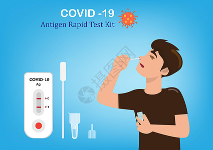 年轻人使用Swabcovid-19抗原测试包自行检查感染情况 平式卡通插图矢量图片