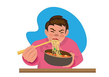 享受面条和热汤的男孩 那些因饥饿而匆忙吃饭的人 平式卡通矢量插图图片