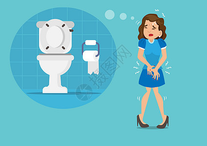 该妇女胃痛 不得不小便和排便 但浴室很远 因此患有腹泻或便秘症 卫生概念 平式卡通矢量图示(flap type)图片