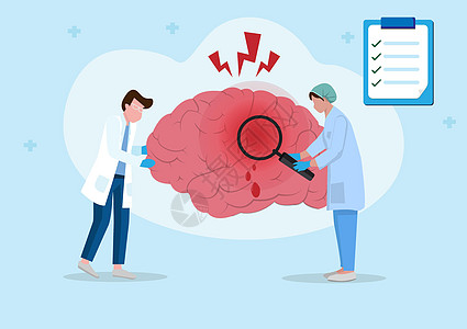 脑部疾病和神经外科的概念 平面样式矢量插图男医生准备好的护士站着使用放大镜查找神经系统疾病和出血性中风符号背景图片