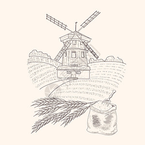 小麦田风车 小麦耳朵 一袋雕刻的草图图片