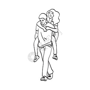 艺术线人背着女友背着小搭骑 用白色背景被孤立的矢量手画上插图图片
