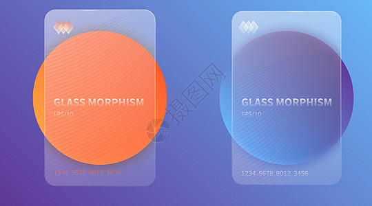 玻璃态射效应 橙色和蓝色渐变圆上的透明磨砂亚克力卡逼真的玻璃形态哑光有机玻璃矩形形状 未来派风格的旗帜 向量背景图片