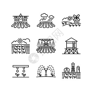 农场农田图标 农业灌溉标志幼苗栽培风泵洒水器喷雾器飞机风车农民除尘器太阳图片