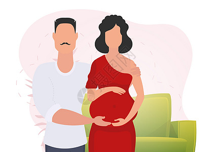 男性拥抱孕妇 以 年轻家庭 为主题的海报正在等待孩子出生 积极和有意识地怀孕 卡通风格的矢量体图片