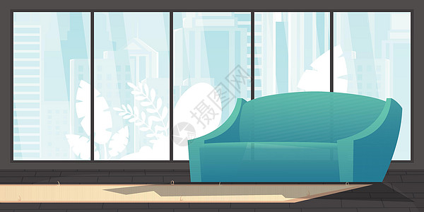 房间为您的场景提供大型全景窗口 矢量插图以平坦的风格显示装饰休息室地毯地面座位软垫长椅窗户家庭桌子图片
