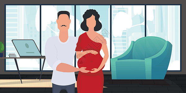 以青年家庭为主题的海报正在等待孩子出生; 积极和有意识地怀孕; 平板式的矢量插图; 向导图片