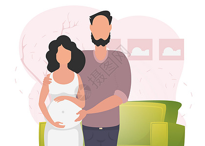 男性拥抱孕妇 以 年轻家庭 为主题的海报正在等待孩子出生 积极和有意识地怀孕 用平板风格做可爱的插图图片