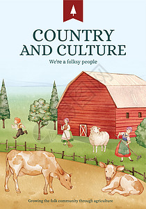 带有欧洲民间农场生活概念的海报模板 水彩风格谷仓羊肉卡通片广告营销小册子孩子农业栅栏大车图片