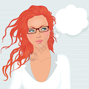 穿长红色头发的漂亮女学生 抬头看看演讲泡泡气图片
