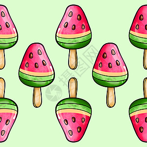 浅绿色背景下西瓜味棒上红绿冰淇淋的无缝光栅图案图片