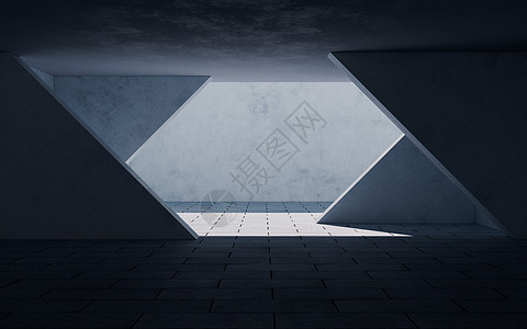 有阳光的混凝土建筑进来了 3D翻接菱形工业水泥房间空白隧道建筑学地下室渲染灰色图片