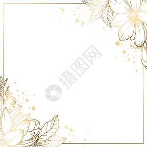 方形金色框架由小花和白色背景上的金色玉兰树枝制成 并飞溅 方形框架和抽象中的形式极简主义 矢量图图片