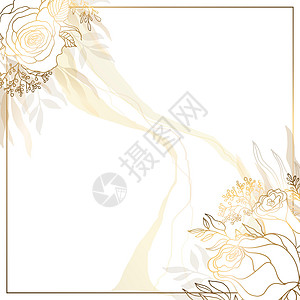 方形金色框架由金色玫瑰花和白色背景上带有金色斑点的树枝制成 方形框架和抽象中的形式极简主义 有花的叶子图片