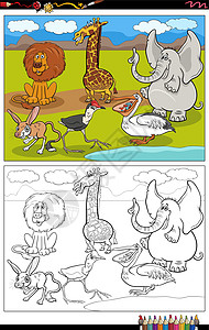 卡通动物角色组着色书 pag绘画狮子蜡笔教育彩书幼儿园哺乳动物孩子们工作染色图片