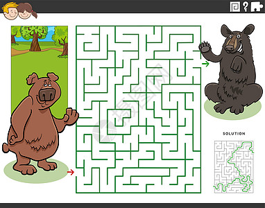 带卡通熊动物字符的迷宫游戏图片