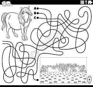 带卡通马和牧场彩色书页的迷宫背景图片
