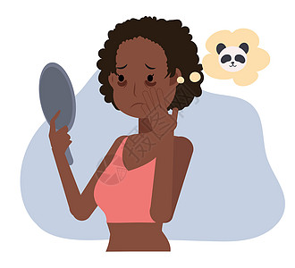皮肤护理 美容概念说明 脸上有黑眼圈的非洲裔美国妇女 女人担心黑眼圈 平面矢量卡通人物插画图片