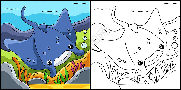 Manta Ray 色彩页面彩色说明插图荒野海底染色彩页海洋艺术孩子们手绘儿童图片
