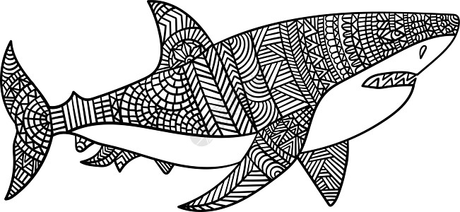 大白鲨鱼曼达拉成人彩色页面黑色插图指针白色抗压手绘彩页海洋染色绘画图片