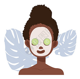 皮肤护理概念 非洲女性带面罩和黄瓜的美籍妇女 SPA日 Flat 矢量卡通人物角色说明图片