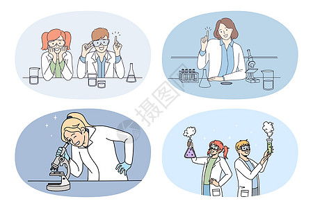 一组科学家在实验室中进行实验 其中生物微生物学治疗生物学插图药剂师卡通片科学制药药品图片