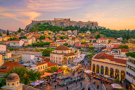 日落时在希腊雅典市下城的天际旅游爬坡寺庙游客遗产正方形历史性全景吸引力建筑学图片
