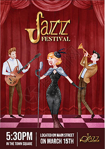 带有爵士音乐概念 水彩色风格的海报模板歌手乐队萨克斯管娱乐俱乐部展示乐器节日萨克斯营销图片