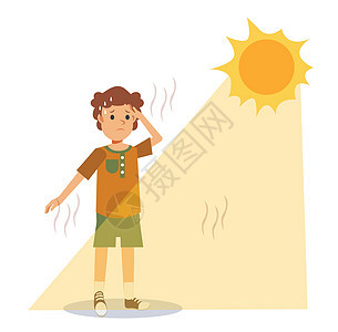 中暑概念 中暑和晒伤风险小男孩在烈日下 高温 炎热的天气 夏天背景图片