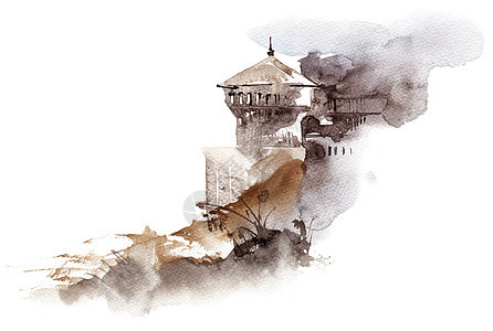 有城堡的风景天空建筑水彩多云素描墨水绘画艺术古董废墟图片
