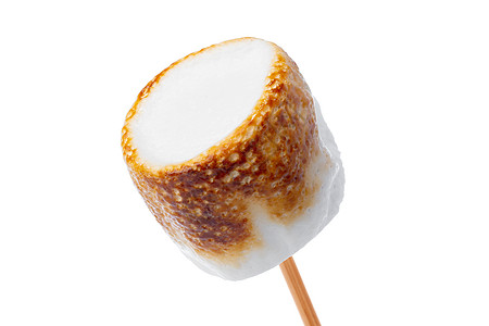 白纸上隔离的木棍上的糖浆棉花糖甜点棕色小吃食物宏观白色糖果烘烤背景
