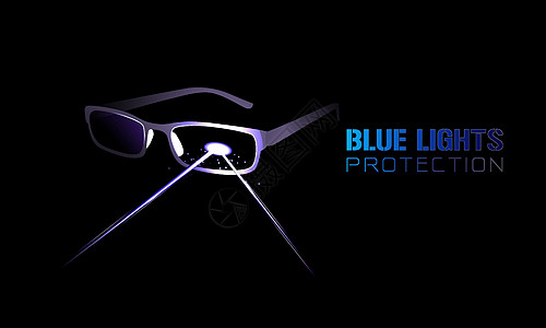 玻璃眼镜 有蓝色灯屏住的透镜 有文字蓝灯保护用黑色显示矢量插图图片