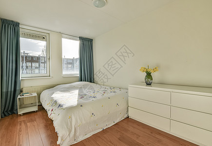 一间小卧室 有一张大双人床财产窗户公寓房子窗帘家具风格毯子内阁枕头背景图片