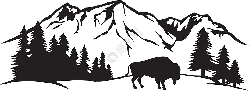 美国野牛和山地景观图片