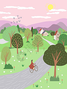 春季自行车旅行 你好春天的概念 风景与可爱的自行车在路上 春天风景与盛开的树木和鲜花 平面样式 EPS 中的矢量插图图片