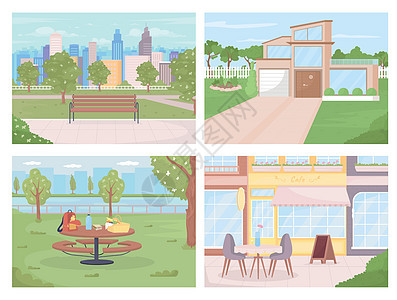 城市公共区用于放松平板彩色矢量插图集图片