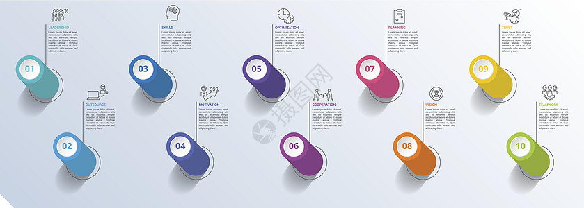 团队工作图标矢量说明 10个彩色步骤信息模板 带有可编辑文本图片