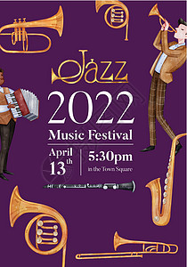 带有爵士音乐概念 水彩色风格的海报模板娱乐爵士乐派对闲暇营销音乐家演员广告乐器展示图片