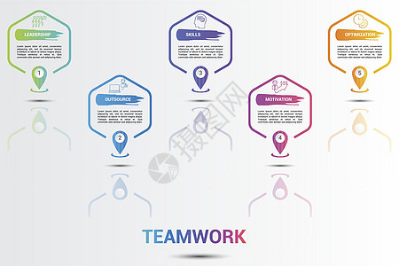 团队工作图标矢量说明 5个彩色步骤信息模板 带有可编辑文本公司组织伙伴成功员工图表标识插图战略进步图片