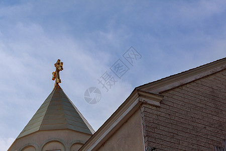 亚美尼亚教会横穿天际遗产石头拱形蓝色精神观光大厦晴天救主天空图片