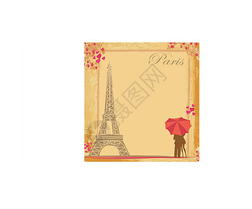 巴黎一对浪漫情侣旅游者 抽象古董卡男人笔记地标纸板观光旅行旅游插图建筑学建筑图片