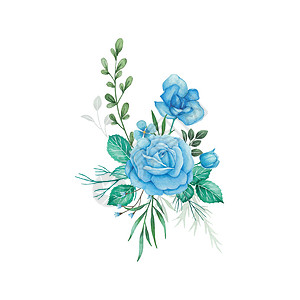配有蓝玫瑰和绿叶的花束安排水彩花花图片