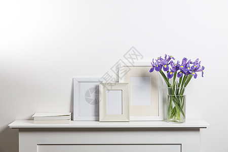 花瓶里有彩虹的布束 抽屉柜子上的照片框季节近景自然蓝色紫色花束边界植物卡片花瓣背景图片