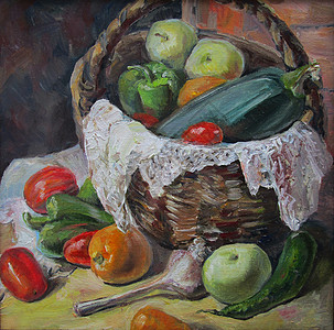 油画苹果乡村一篮子蔬菜美味 油画背景