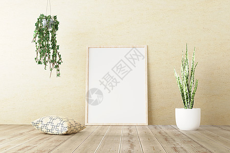 竖立在室内客厅的木地板上 有绿色植物 陶瓷锅和水泥墙底壁枕头的垂直架子模拟器图片