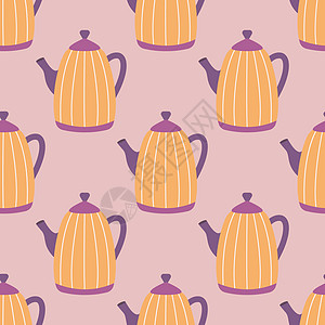 含茶或咖啡条条纹的橙色茶壶 病媒无缝模式图片