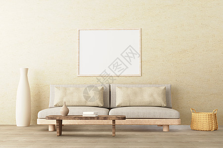 以中性风格室内客厅的垂直海报模型 沙发低 陶瓷罐 侧桌 螺旋篮和空混凝土壁底板的书籍图片