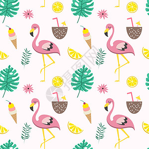 以海滩和鸡尾酒 冰淇淋和棕榈树为主题的无缝模式假期菠萝甜点西瓜热带纺织品食物卡通片火烈鸟插图图片