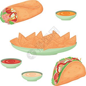 墨西哥菜 一套墨西哥菜肴 如炸玉米饼 墨西哥卷饼 玉米片和酱汁 奶酪 番茄和奶油 矢量图图片